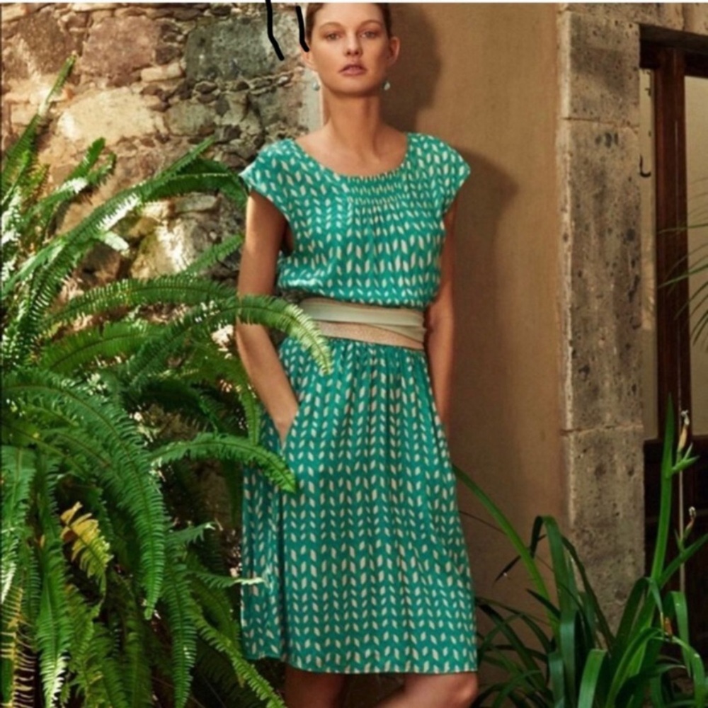 Maeve Teal Printed Midi Dress with Cream Waistband
